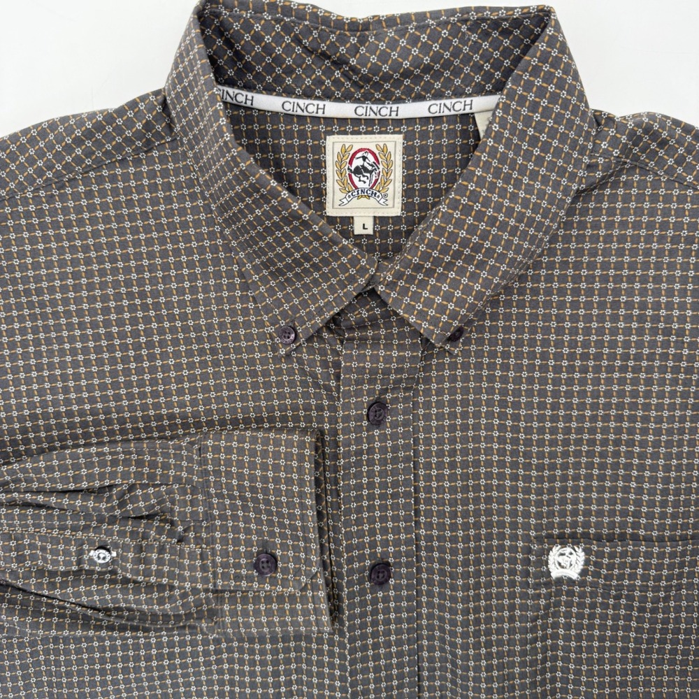 Cinch Button Down Shirt Mens L Grey Orange Geometric Long Sleeve Western Cotton